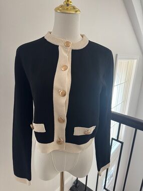 H&M Black and Cream Cropped Knit Blazer with Gold Buttons